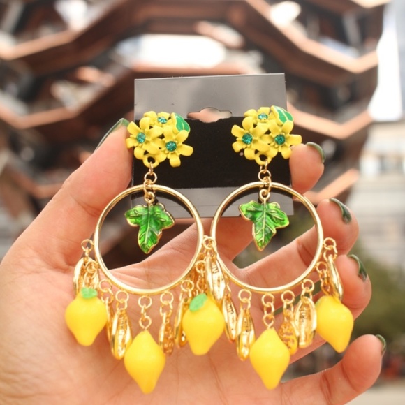 Floral Lemon Dangle Earrings - Picture 1 of 8